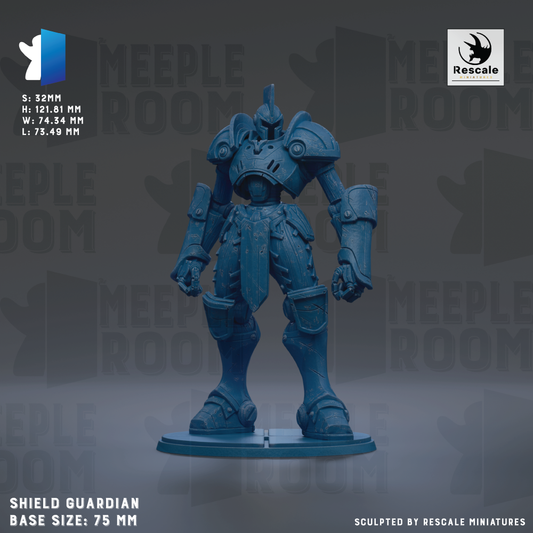 A 3D rendering of a blue armored robot figure, likely a shield guardian, with various dimensions and features described.