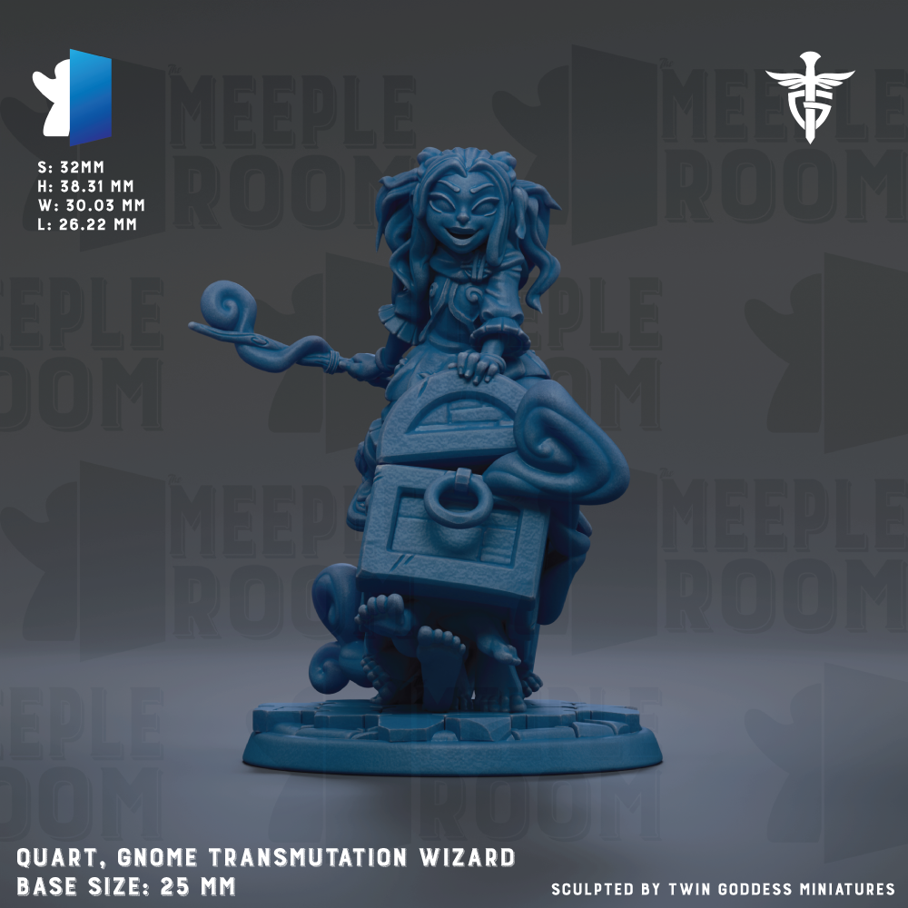 a blue figurine of a gnome-like character with a long, curly hair and a pointed hat, holding a staff and standing on a base. The figurine is described as a "Quant, gnome transmission wizard" and is shown in a "MELLOW ROOM" setting. The base size of the figurine is 25mm.