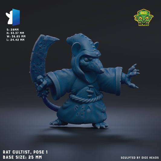 A blue figurine of a rat-like creature, possibly a rat cultist or deity, posed in a dynamic stance with a sword in its hand. The figurine is described as having a base size of 25mm and is sculpted by dice heads.