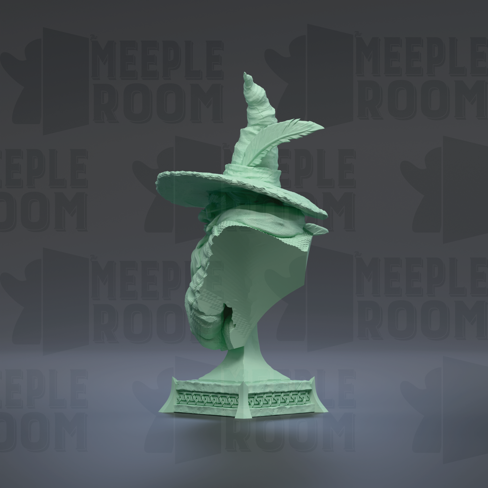 A green, 3D-rendered statue of a witch's hat with a feather, standing on a pedestal.