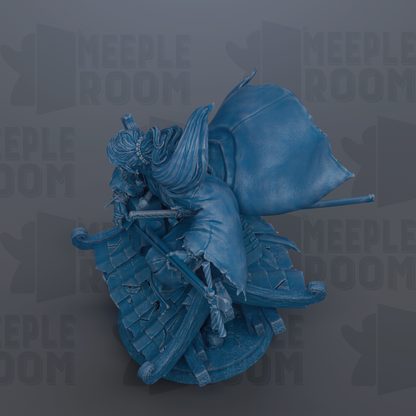 A blue, 3D-rendered statue of a figure with flowing hair and a flowing cape, set against a dark background with repeated text.