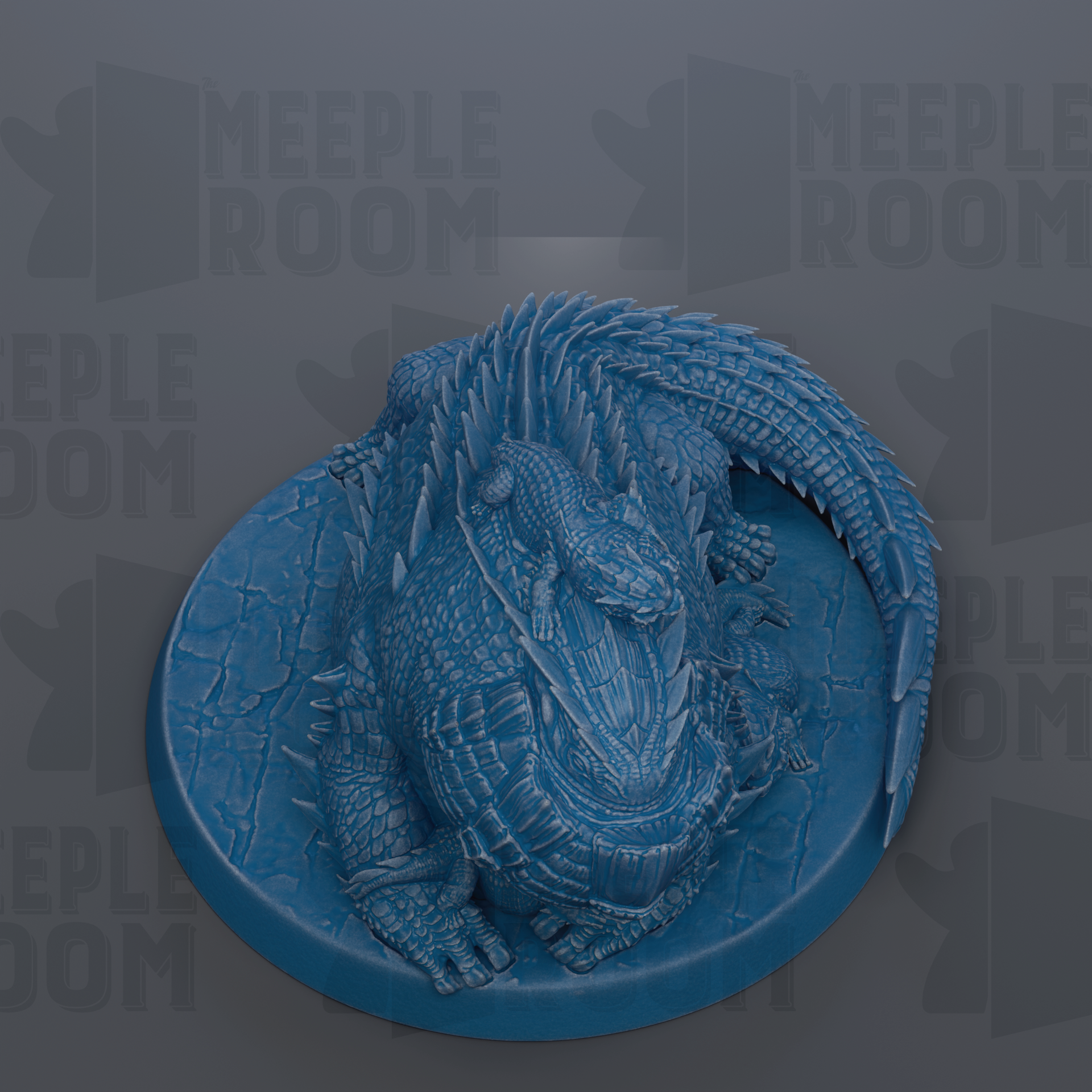 A 3D rendering of a blue, scaly, and armored creature, possibly a type of lizard or salamander, sitting on a blue base.