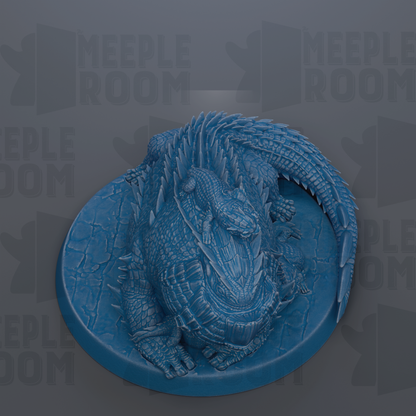 A 3D rendering of a blue, scaly, and armored creature, possibly a type of lizard or salamander, sitting on a blue base.