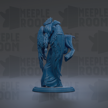 A blue, winged figurine stands on a circular base against a dark background with repeated text.