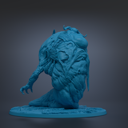 A 3D rendering of a blue, fantastical creature with a large head and long, curved body, sitting on a blue base.