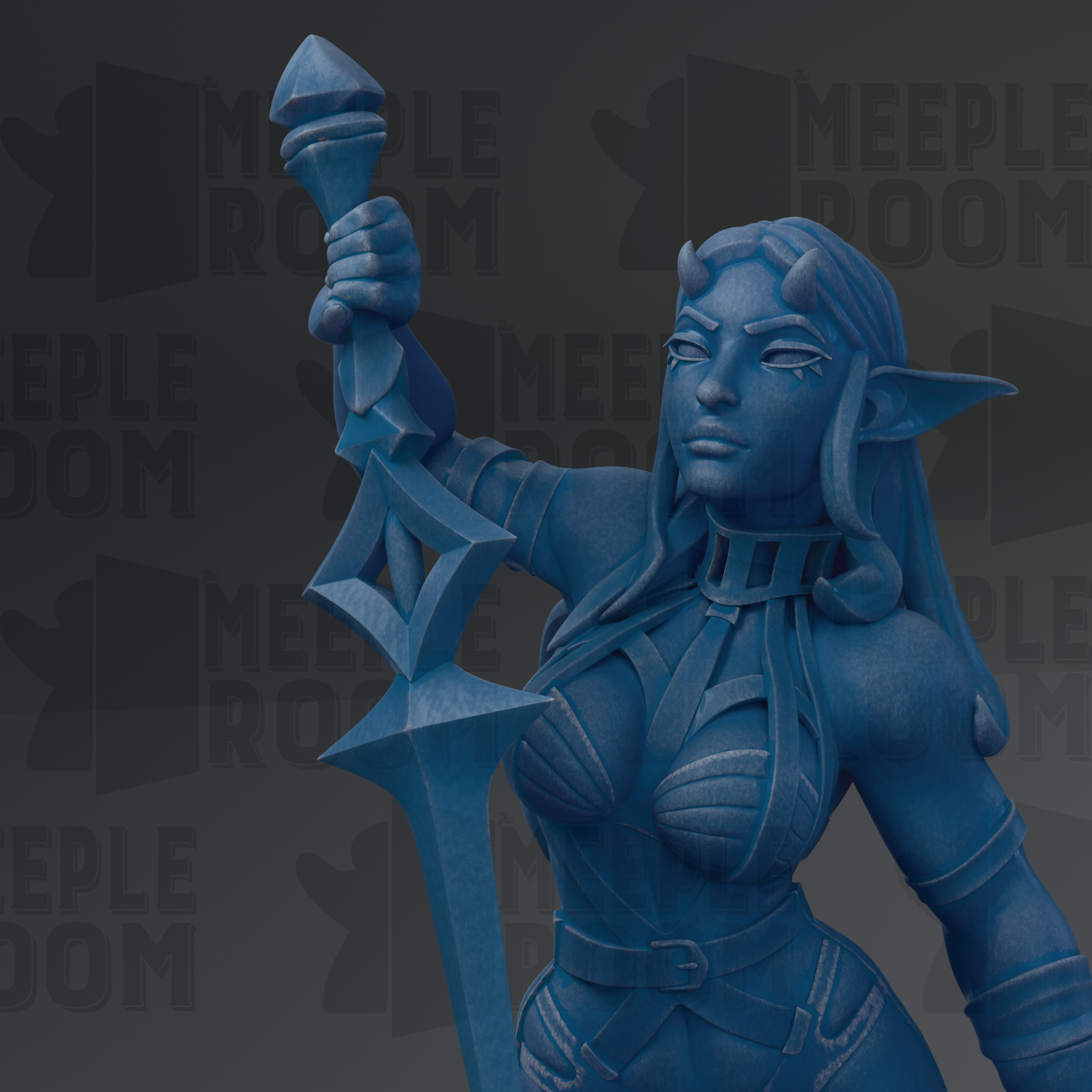 A blue statue of a female character holding a sword and shield, with the text "MEUPLE ROOM" visible in the background.