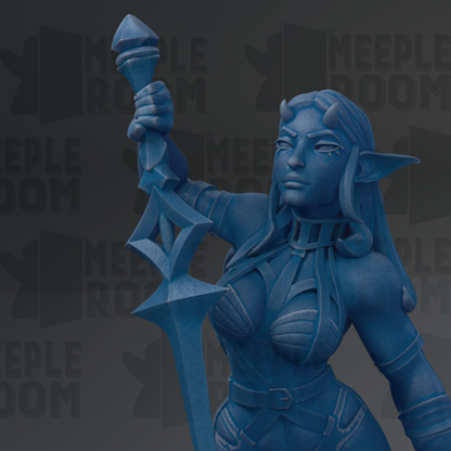 A blue statue of a female character holding a sword and shield, with the text "MEUPLE ROOM" visible in the background.