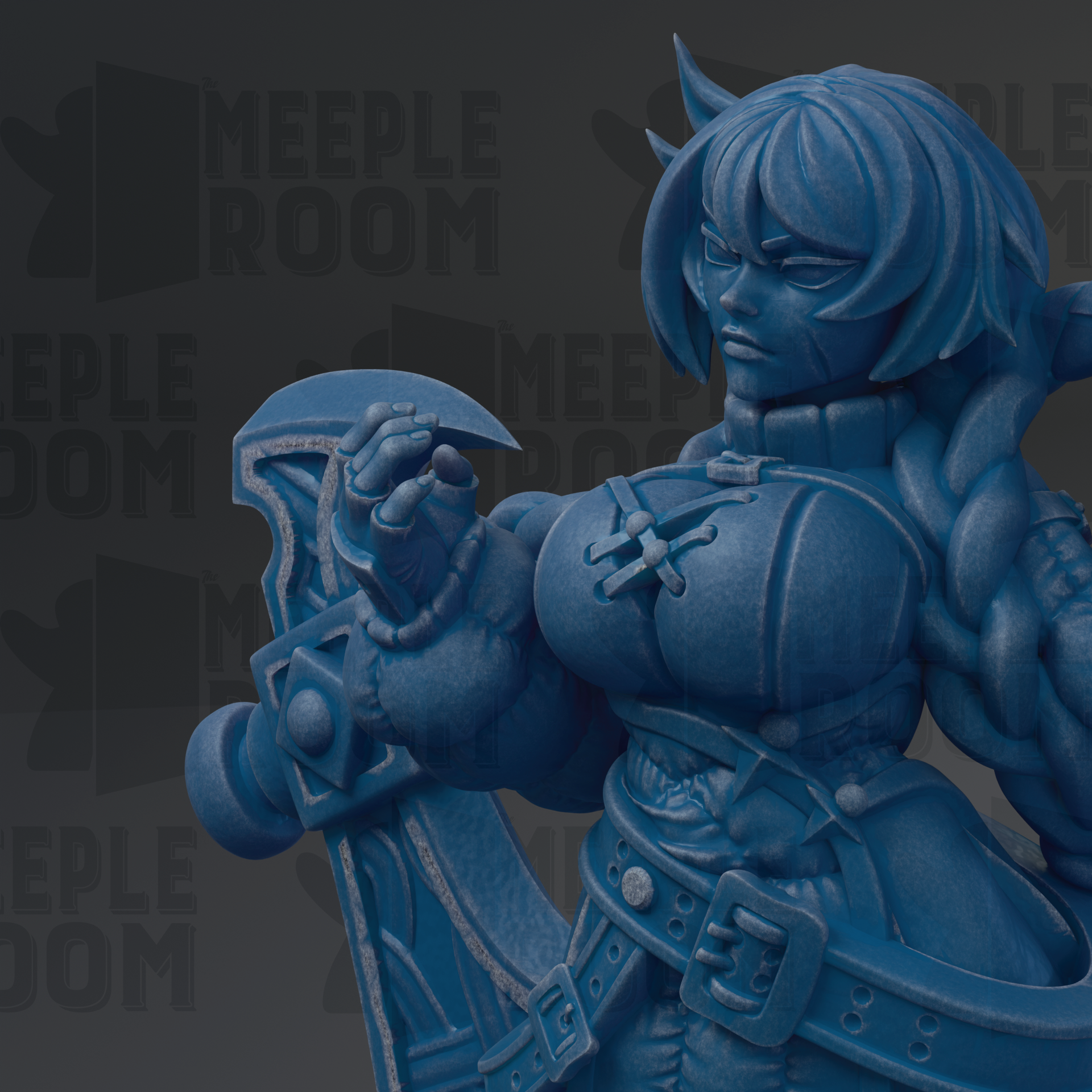 A close-up of a blue, 3D-rendered character with a sword in hand, set against a dark background with repeated text.
