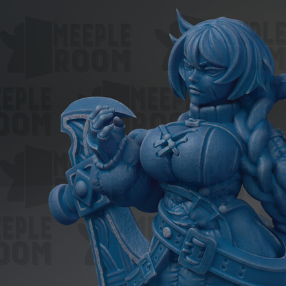 A close-up of a blue, 3D-rendered character with a sword in hand, set against a dark background with repeated text.