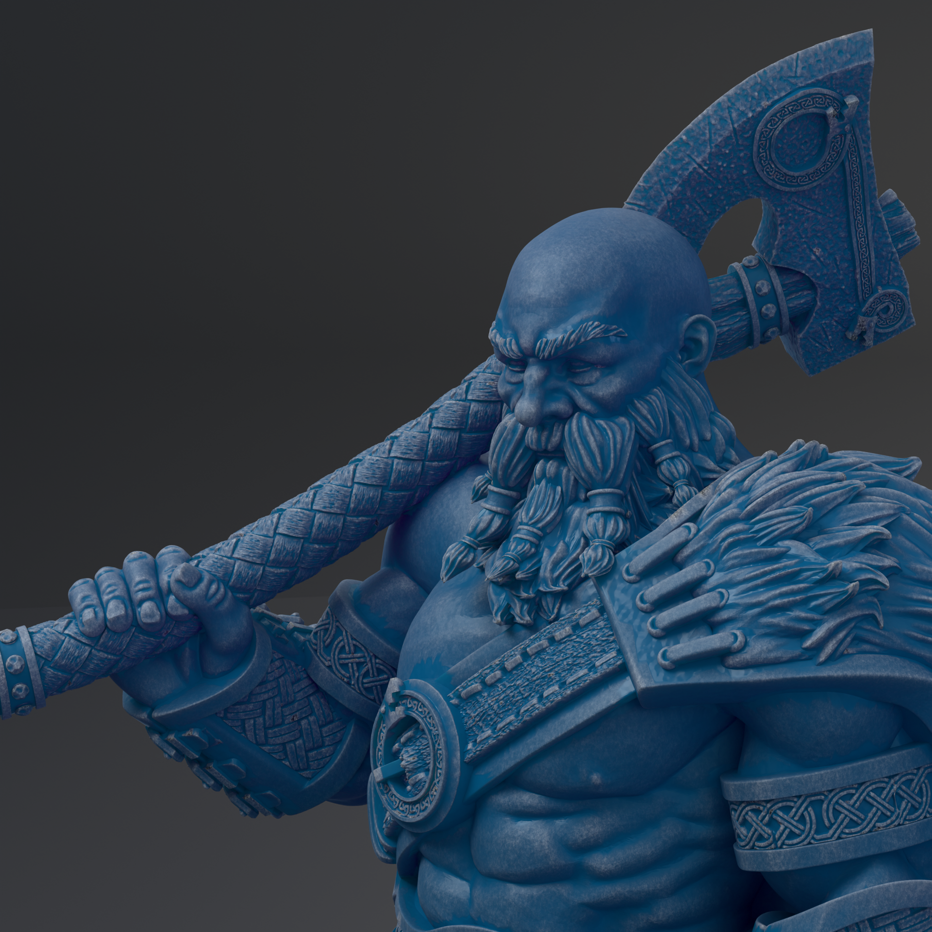 A detailed 3D rendering of a blue-colored warrior figure holding a large weapon, likely an axe, and wearing ornate armor.