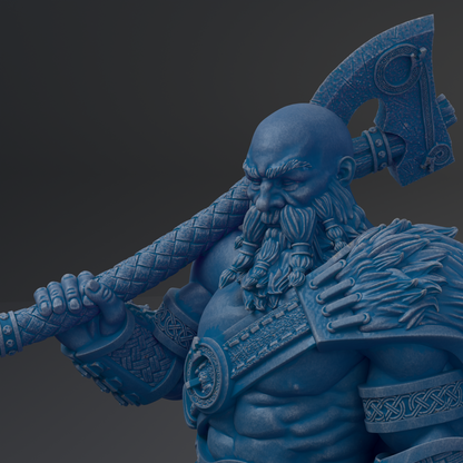 A detailed 3D rendering of a blue-colored warrior figure holding a large weapon, likely an axe, and wearing ornate armor.