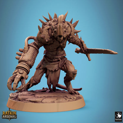 A 3D model of a heavily armored and armed fantasy creature, possibly a dragon or monster, with spikes and weapons, standing on a base against a blue background.