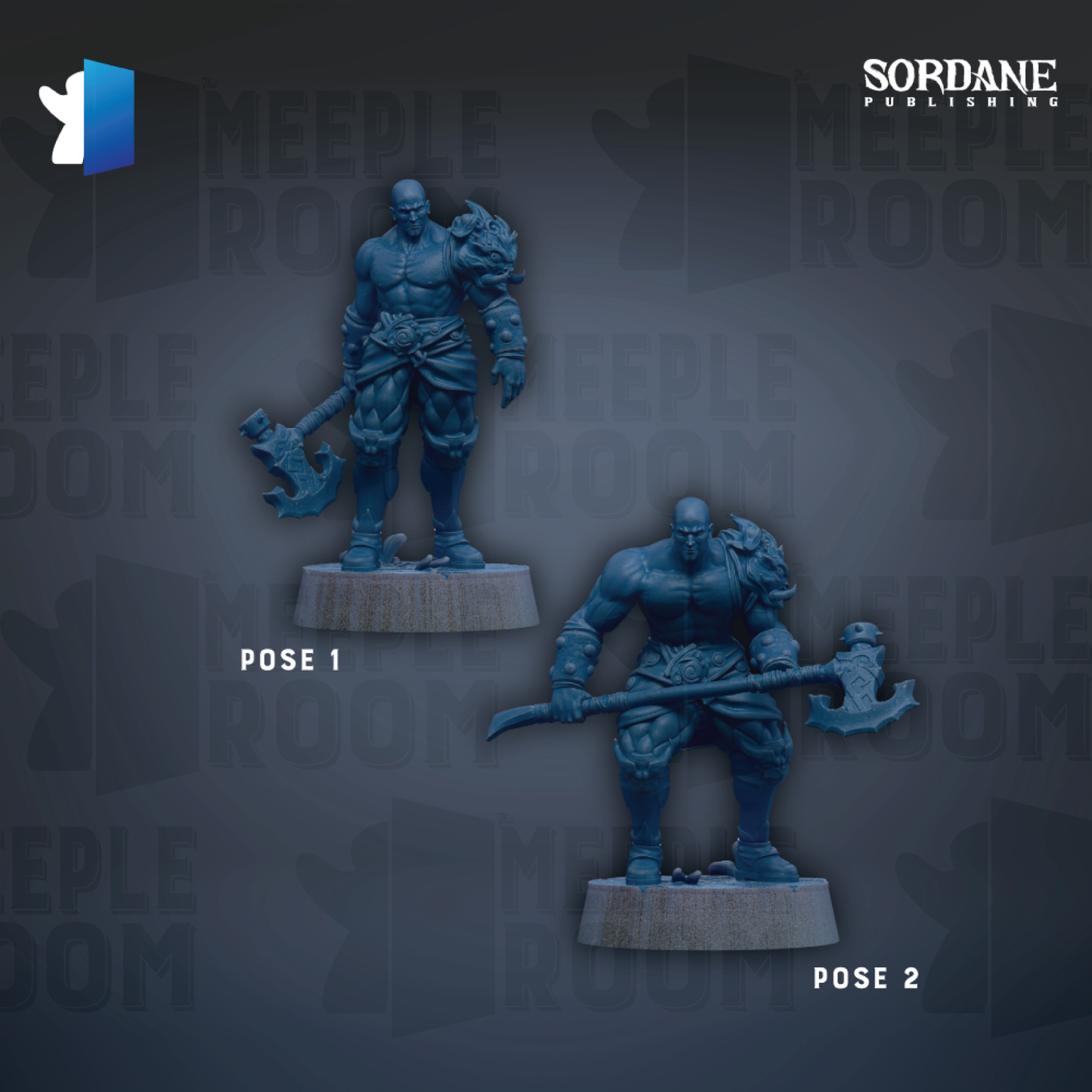 two blue figurines of muscular, battle-ready figures, each holding a large weapon, set against a dark background with repeated text.
