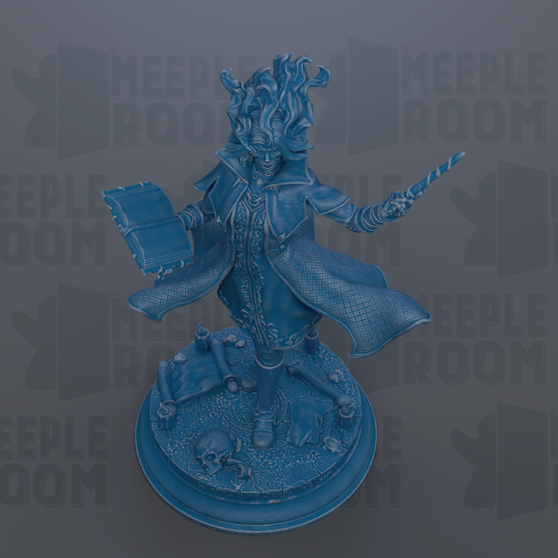 A 3D rendering of a blue statue depicting a figure with a book and a staff, standing on a base with various objects and text.