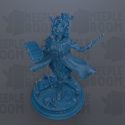 A 3D rendering of a blue statue depicting a figure with a book and a staff, standing on a base with various objects and text.
