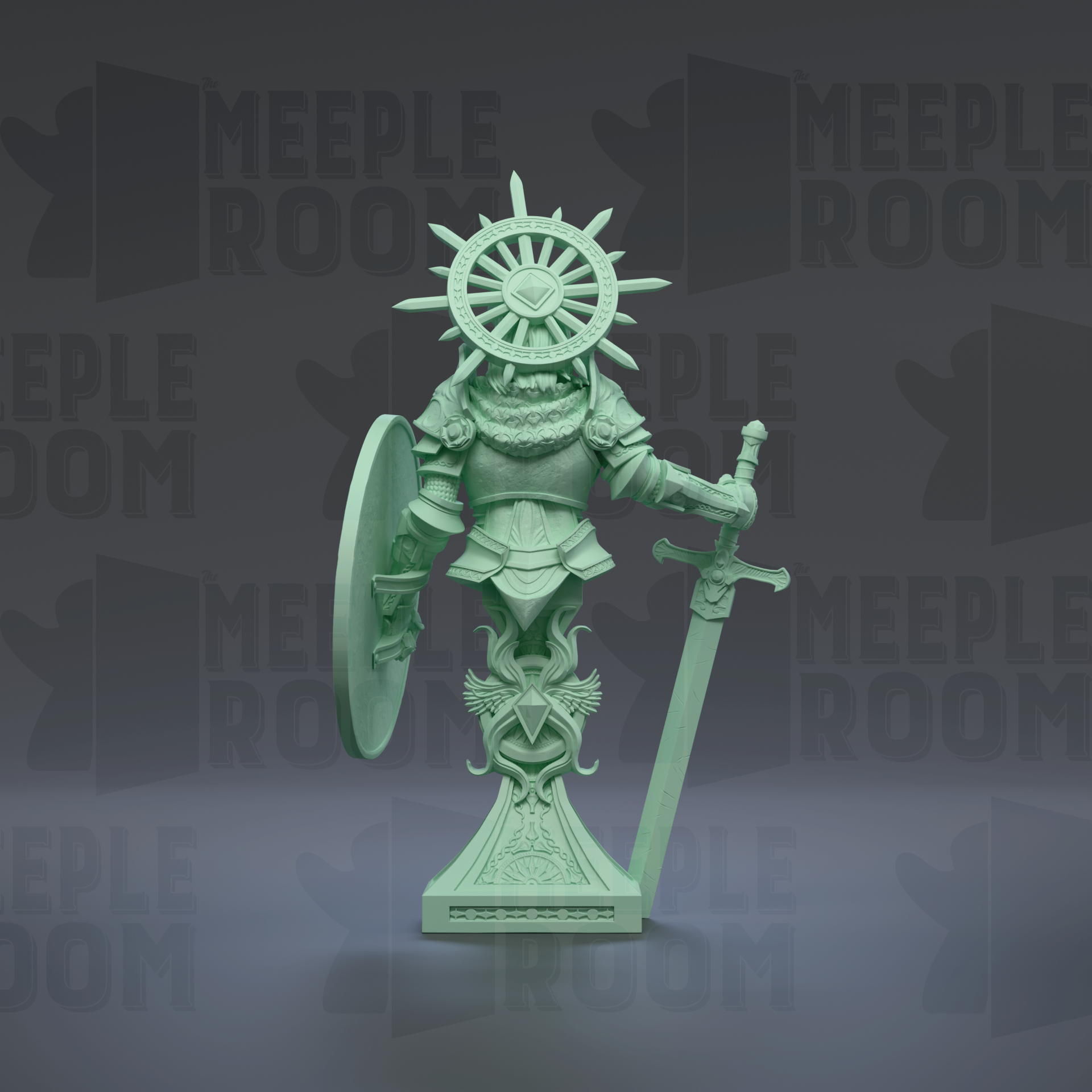 A green statue of a knight holding a shield and sword, standing on a pedestal with a large wheel above it.
