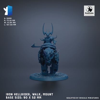 a detailed 3D model of an Iron Hellrider, a fantasy character from the video game series The Legend of Zelda: Twilight Princess. The model is mounted on a base that is 90x52mm in size, and it is crafted from a material that resembles metal. The image showcases the intricate design and craftsmanship of the Iron Hellrider, providing a glimpse into the world of fantasy video games.