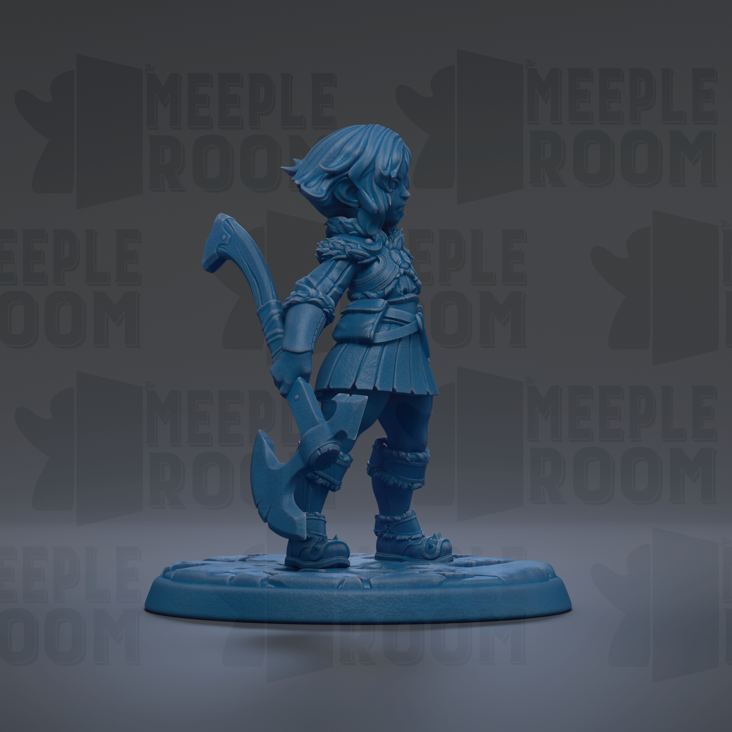 A blue figurine of a person holding a weapon, standing on a base with the text "MEEPLE ROOM" repeated in the background.