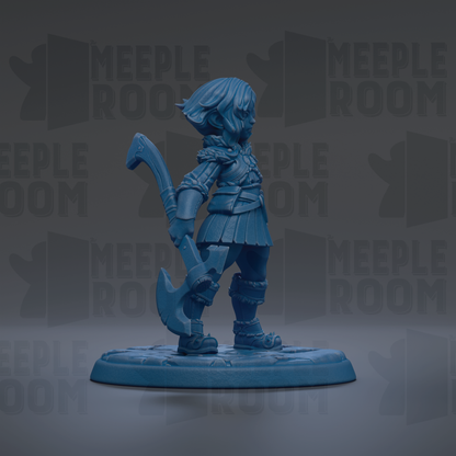 A blue figurine of a person holding a weapon, standing on a base with the text "MEEPLE ROOM" repeated in the background.