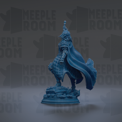 A blue statue of a person with a flowing cape stands on a base, surrounded by repeated text and logos.
