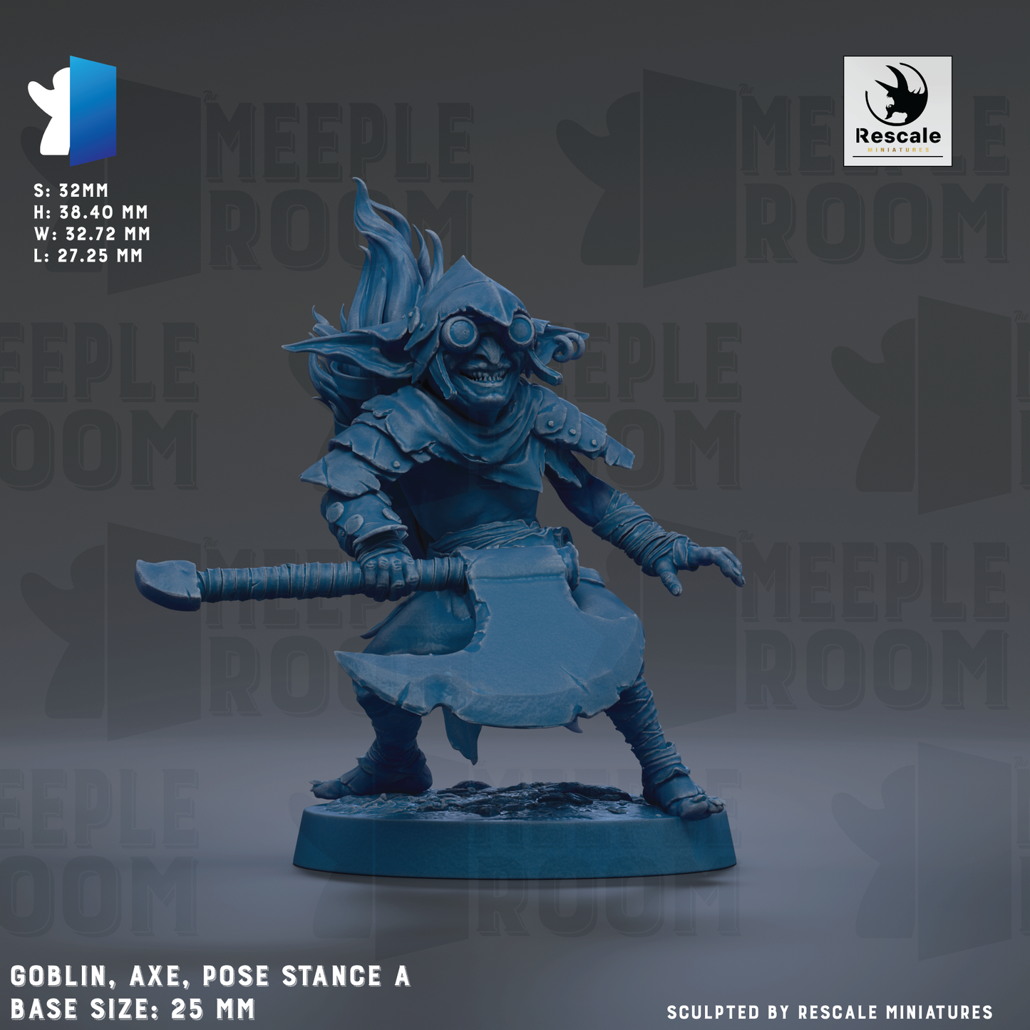 A figurine of a dark-colored character with a large axe, wearing a helmet and goggles, posed in a dynamic stance. The figurine is set against a dark background with the text "MEIPLE ROOM" repeated multiple times.
