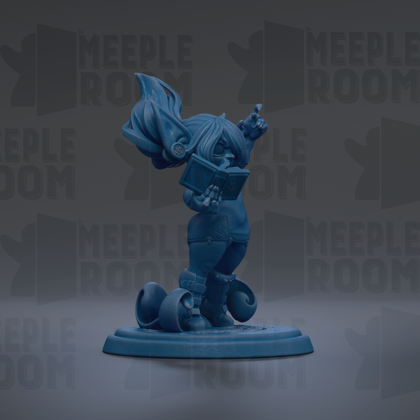 A blue figurine of a person holding a book and standing on a platform against a dark background with repeated text.