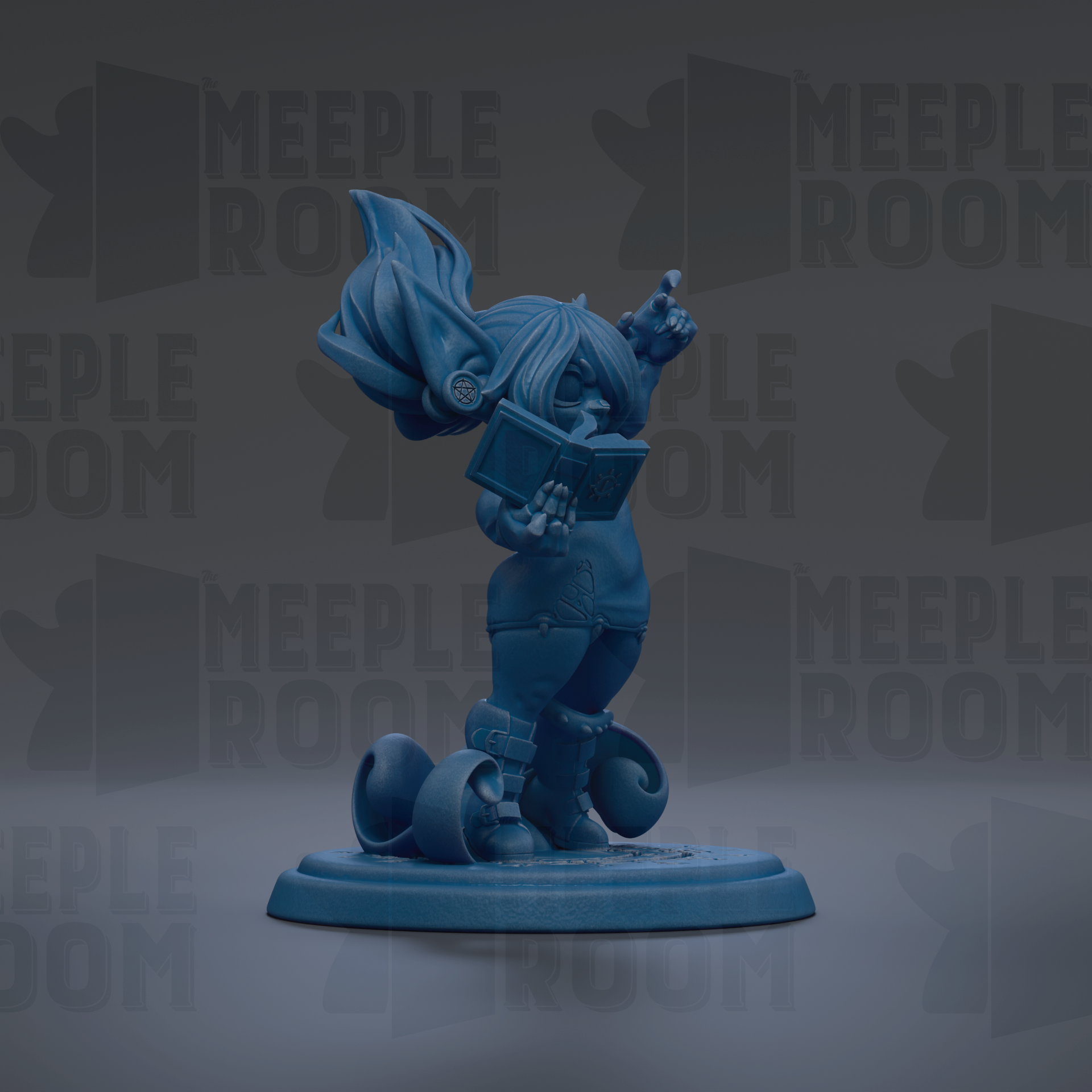 A blue figurine of a person holding a book and standing on a platform against a dark background with repeated text.