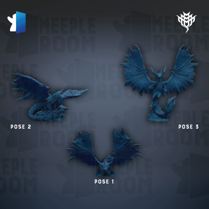 three blue dragon figurines, each with different pose settings, displayed against a dark background with repeated text.