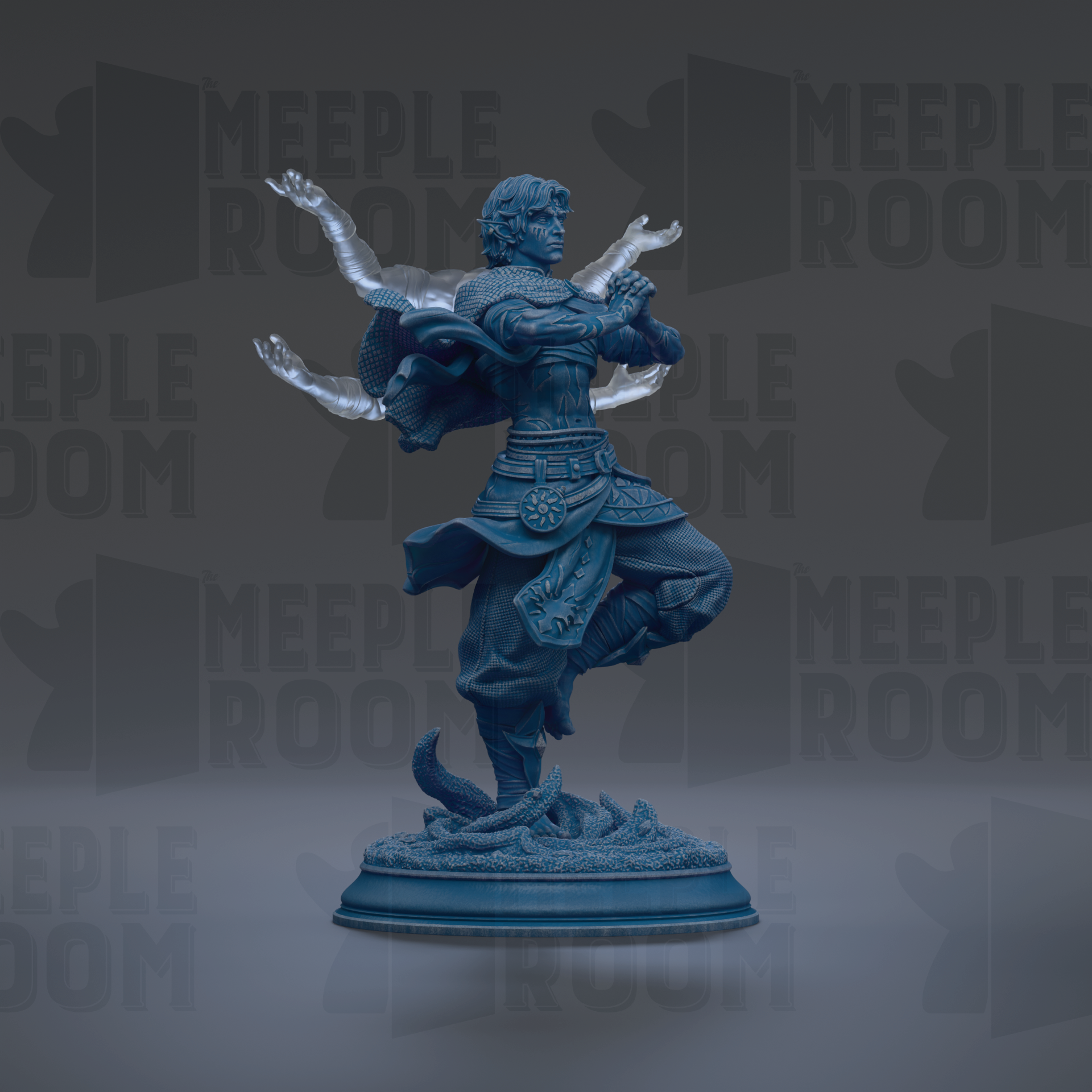A blue statue of a figure with outstretched arms, standing on a base and surrounded by a dark background with repeated text.
