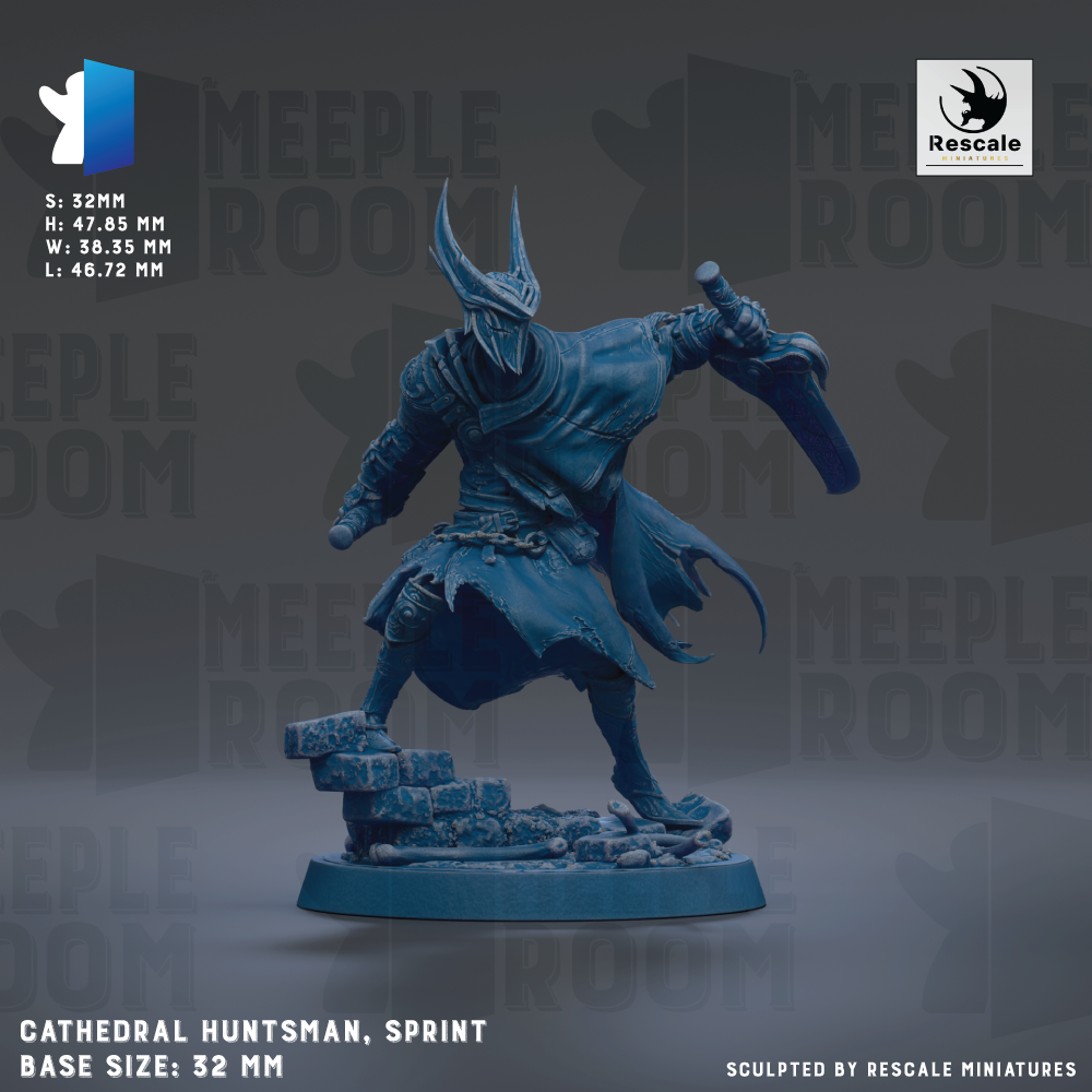 A detailed 3D model of a Cathedral Huntsman, a sprint-style character from the video game Meeple Room. The model is depicted in a dynamic fighting stance, with the character wielding a sword and shield. The base size of the model is 32mm, and it is described as a sculpted by Rescale miniature.