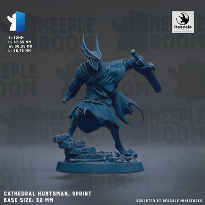 A detailed 3D model of a Cathedral Huntsman, a sprint-style character from the video game Meeple Room. The model is depicted in a dynamic fighting stance, with the character wielding a sword and shield. The base size of the model is 32mm, and it is described as a sculpted by Rescale miniature.