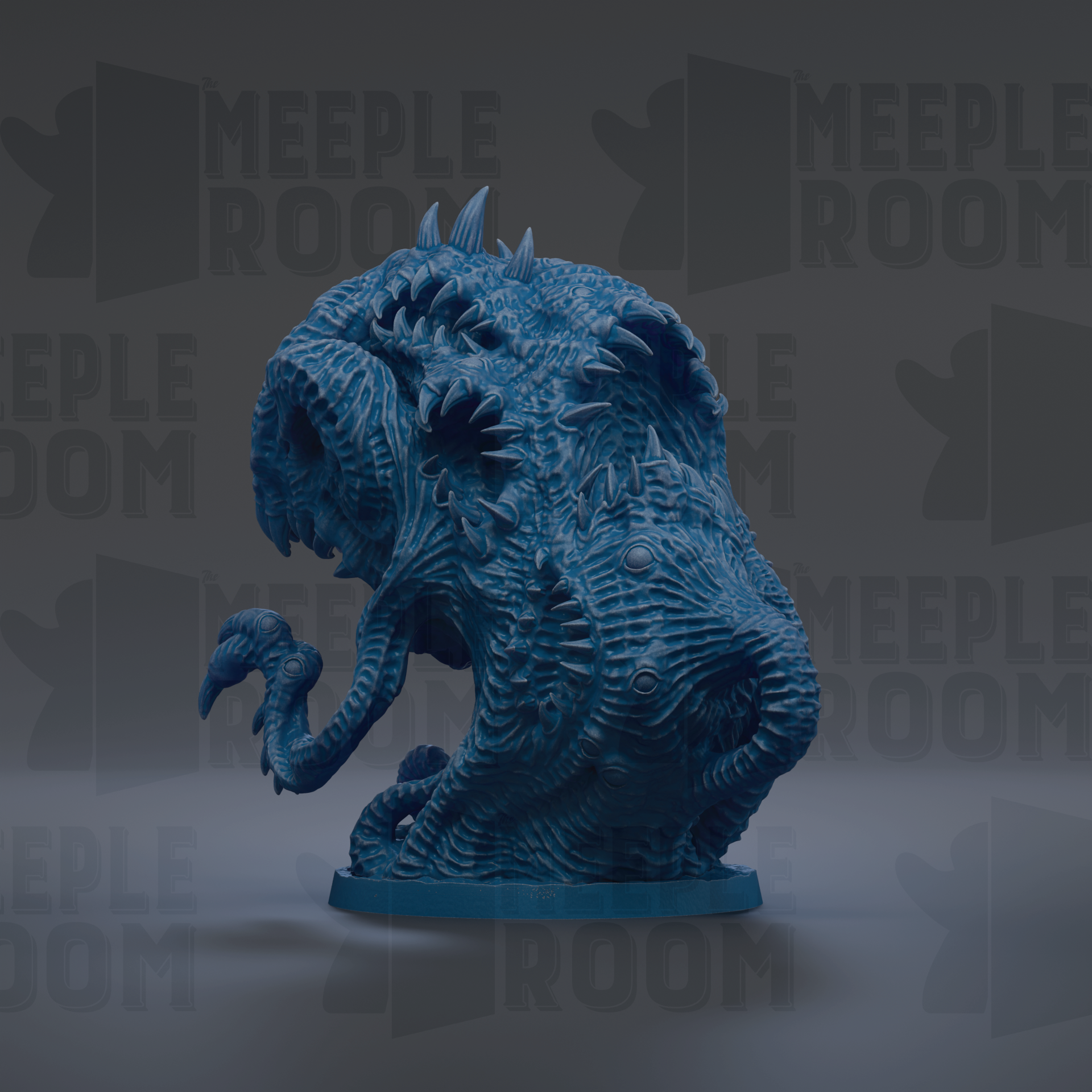 A 3D rendering of a blue, monstrous creature with sharp teeth and claws, standing on a base.