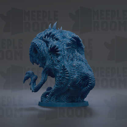 A 3D rendering of a blue, monstrous creature with sharp teeth and claws, standing on a base.