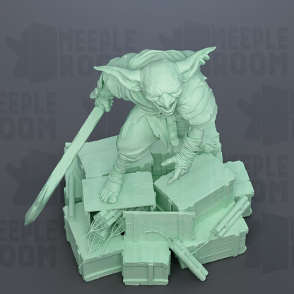 A 3D rendering of a green-colored monster-like creature with horns and sharp teeth, standing on a pile of crates and boxes.