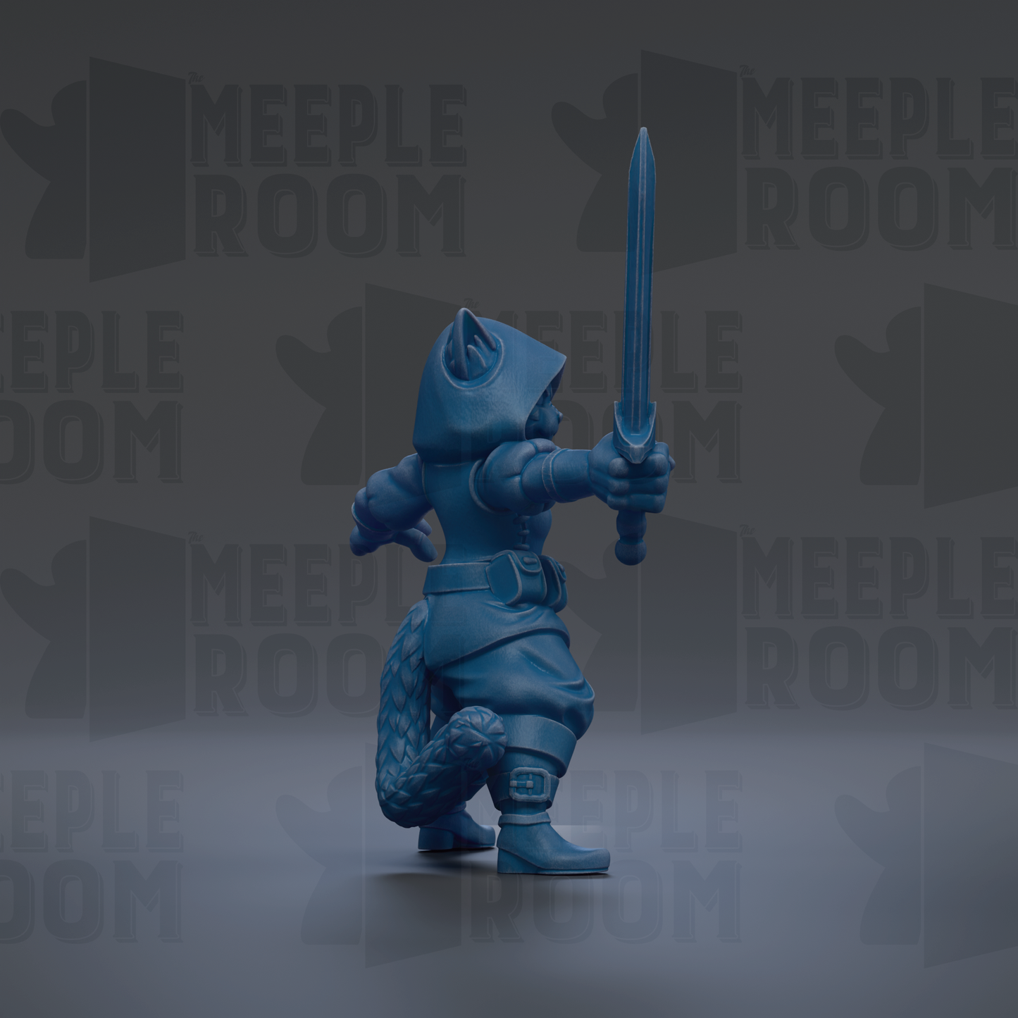 A blue 3D model of a cat-like creature holding a sword and standing in a fighting stance.