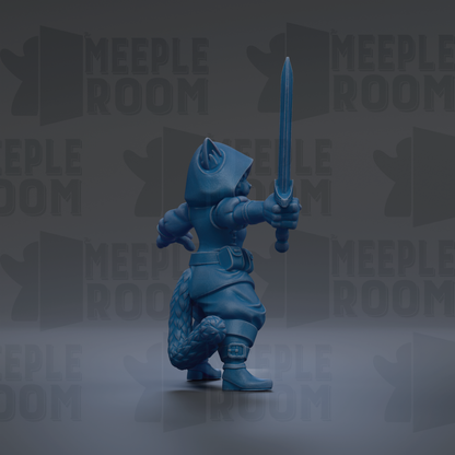 A blue 3D model of a cat-like creature holding a sword and standing in a fighting stance.