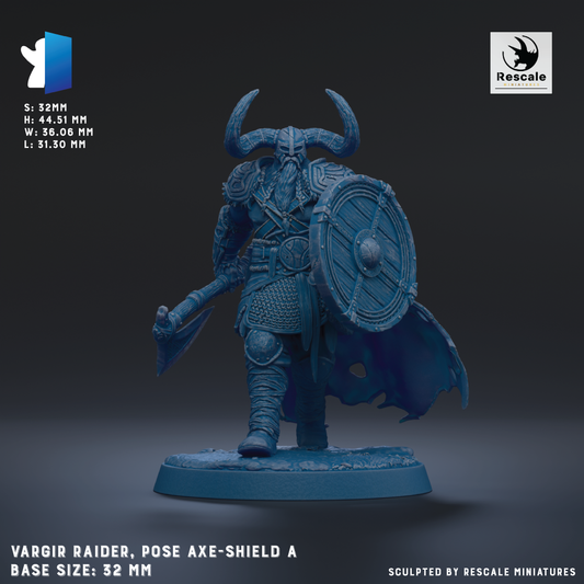a figurine of a Viking RAIDER, a pose of an axe-shielded warrior, standing on a base size of 32mm.
