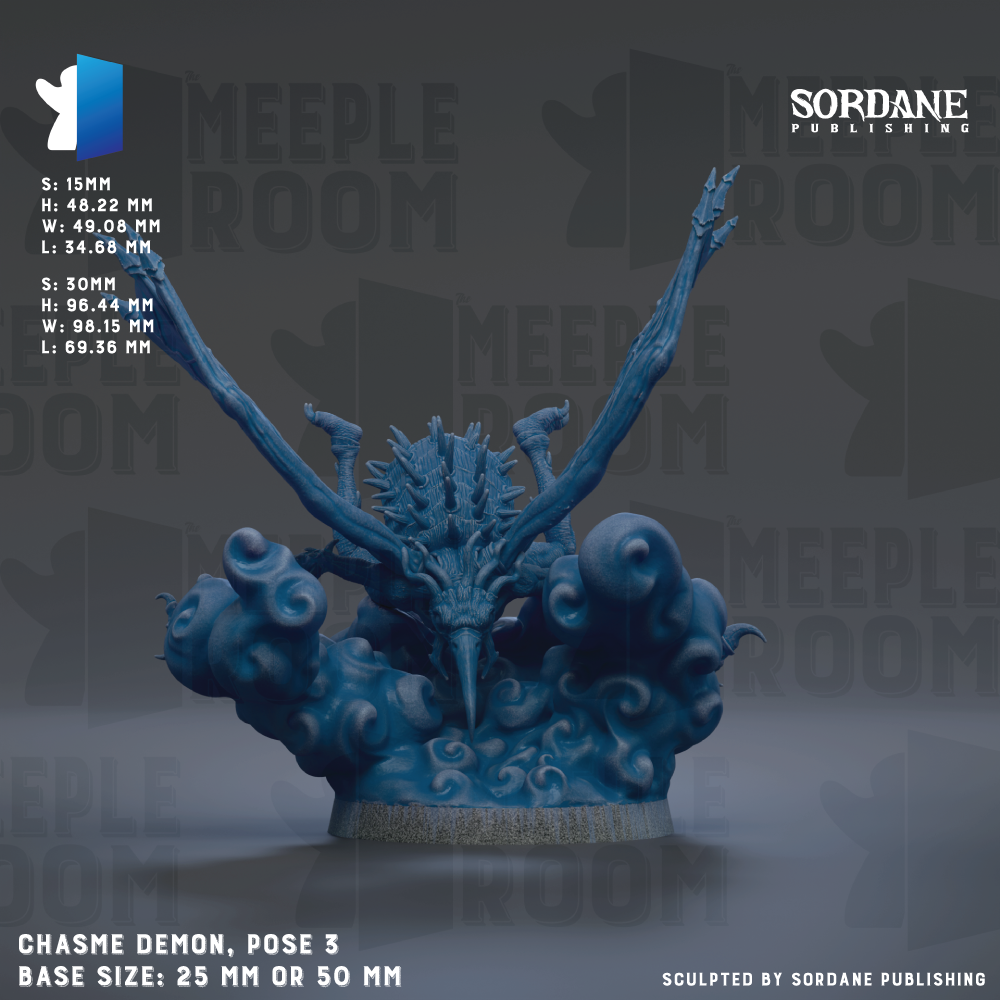 The image is a 3D rendering of a blue, fantastical creature with a large head and long, curved arms. The creature appears to be a dragon or serpent-like being, with intricate details and a sense of movement. The image is described as a "Chase Demon, pose 3" and is shown in a base size of 25mm or 50mm. The image is published by Sordane Publishing.
