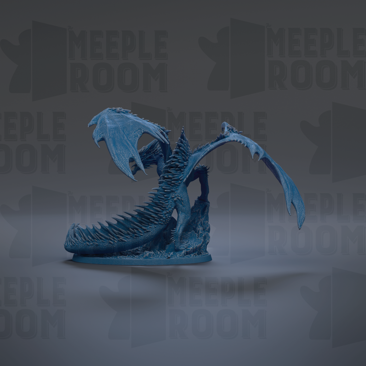 A blue dragon figurine is shown against a dark background with repeated text.