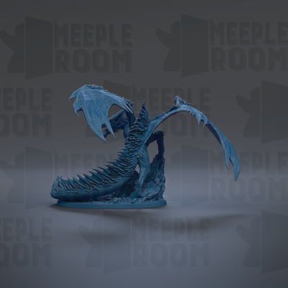 A blue dragon figurine is shown against a dark background with repeated text.