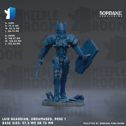 a blue armored robot or warrior figure, with the text "LAIR GUARDIAN, Undamaged, Pose 1" and "BASE SIZE: 37.5 mm OR 75 mm" indicating the size and base material of the figure.
