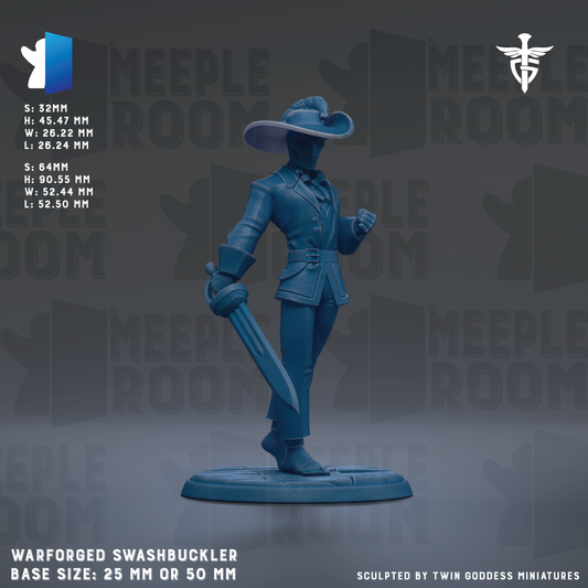 A warforged swat buckler figurine is displayed against a dark background with theMEPLEROOM logo repeating across it. The figurine is described as a 25mm or 50mm base size, and it is sculpted by Twin Goddess miniatures.