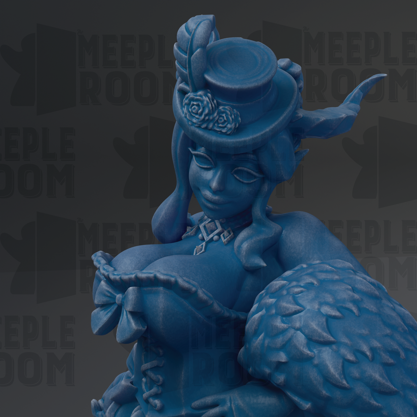 A close-up of a blue statue depicting a woman with a large hat and ornate jewelry.