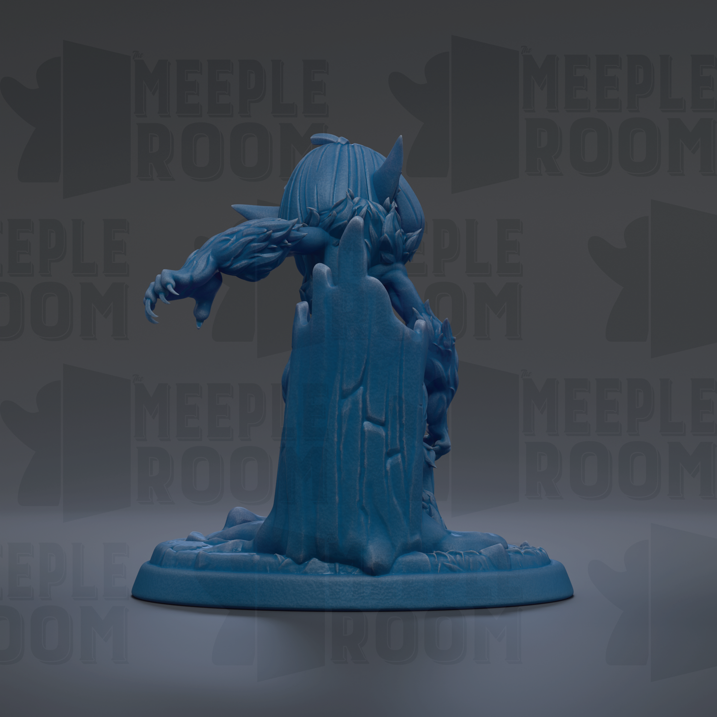 A blue figurine of a creature with sharp teeth and claws, standing on a base and facing away from the camera.