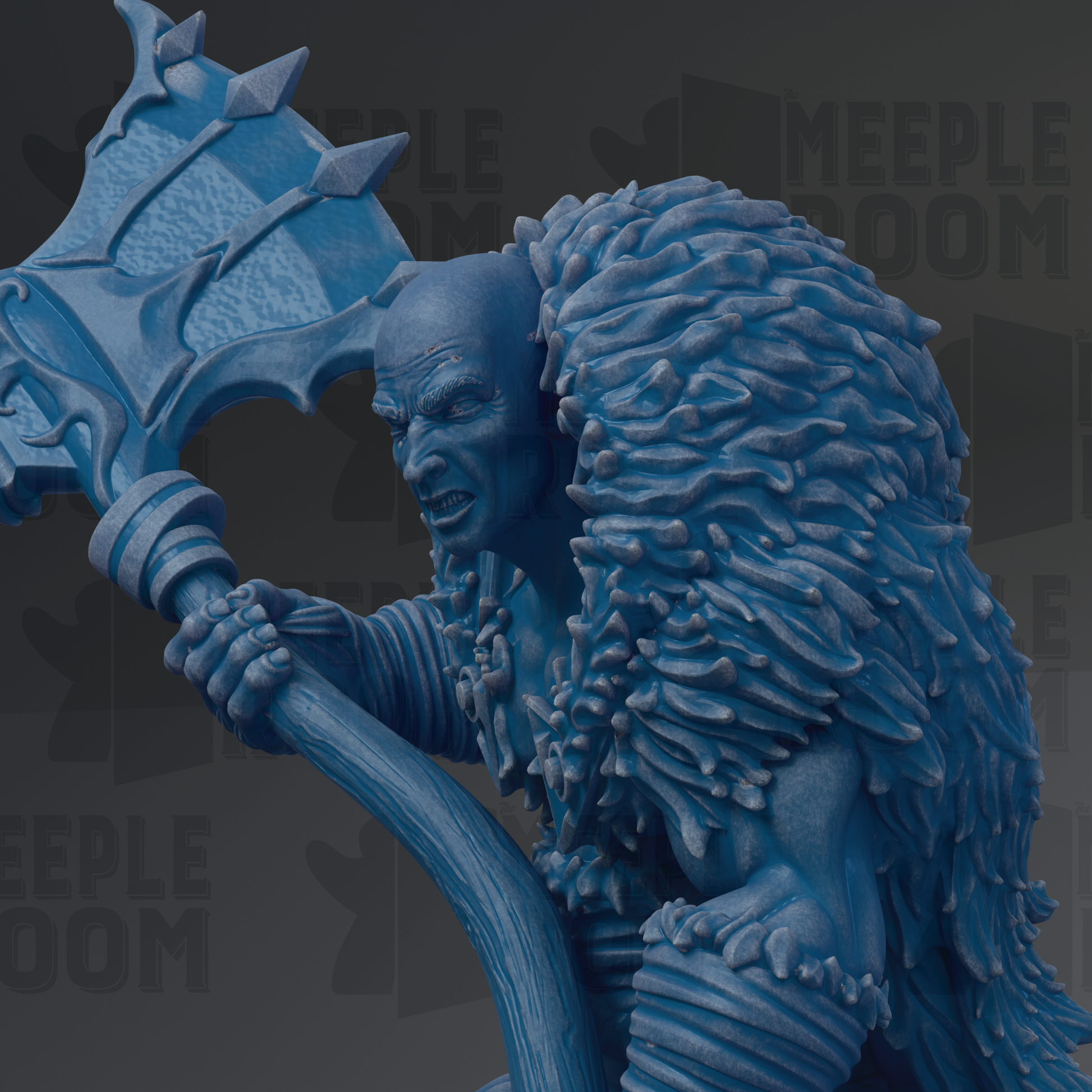 A close-up of a blue, furry statue of a fierce-looking creature, possibly a dragon or monster, with sharp teeth and claws.
