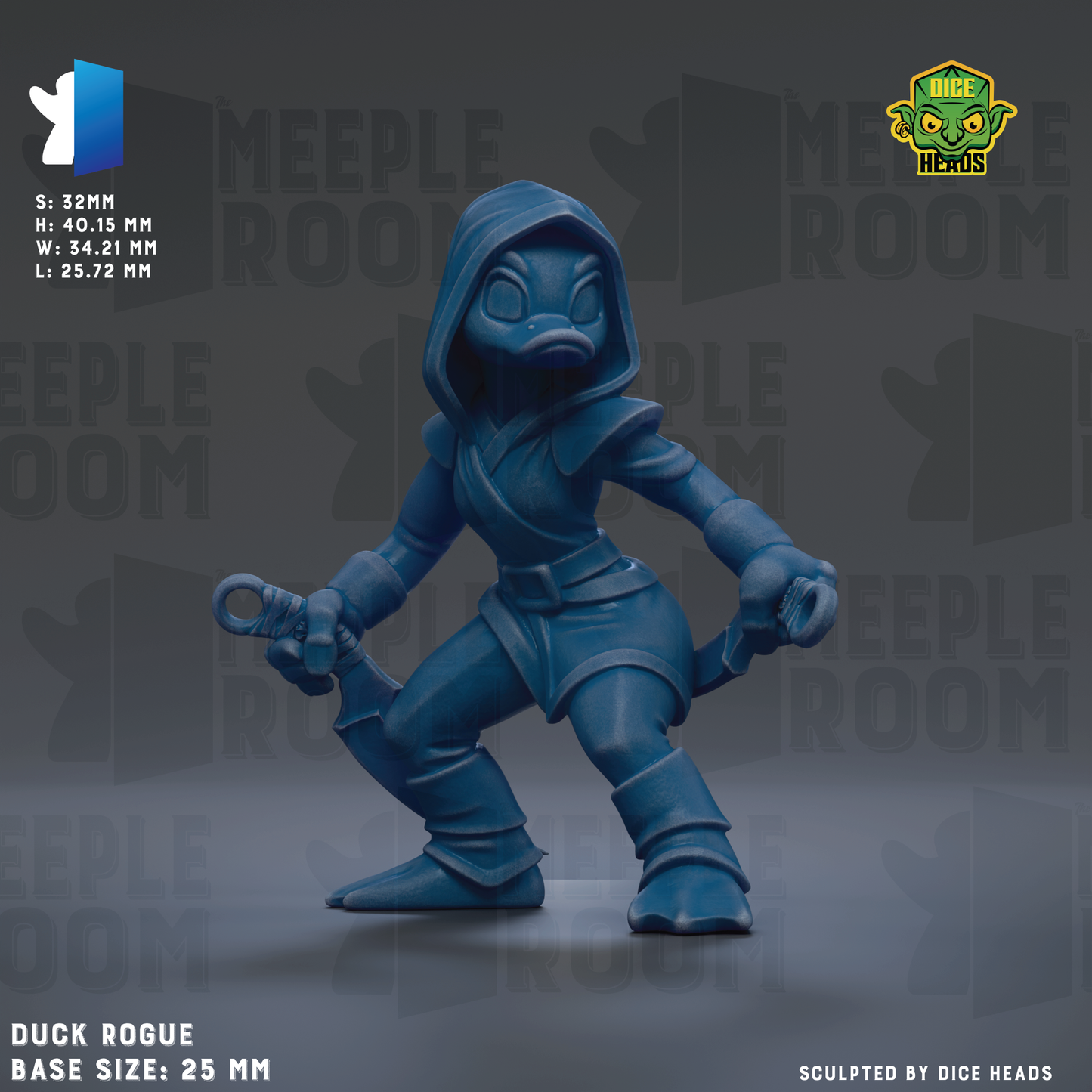 A 3D rendering of a blue duck character with a hood, holding a weapon and standing in a fighting stance. The image is described as a "Duck Rogue" and is based on the "Meeple Room" theme.