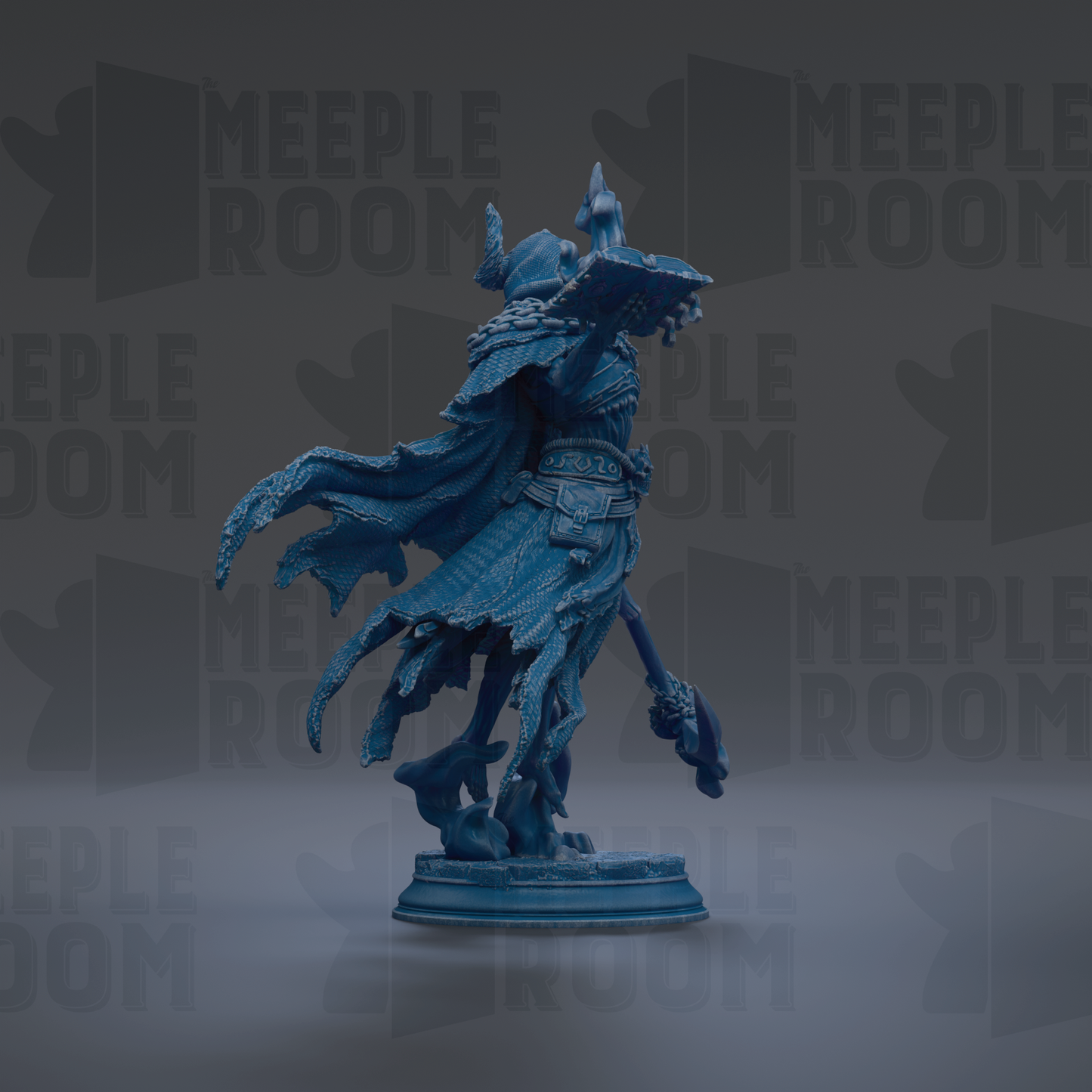 A blue, 3D-rendered statue of a figure with flowing robes and a pointed hat, standing on a pedestal against a dark background with repeated text.
