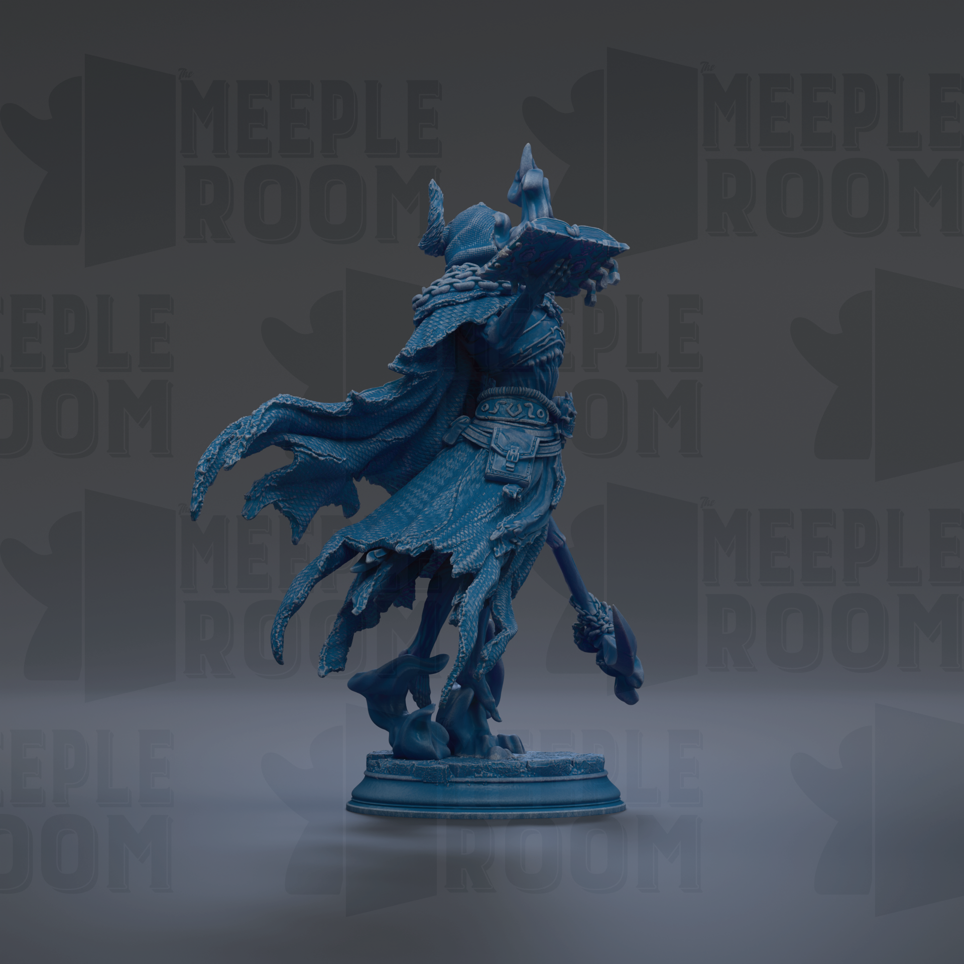 A blue, 3D-rendered statue of a figure with flowing robes and a pointed hat, standing on a pedestal against a dark background with repeated text.
