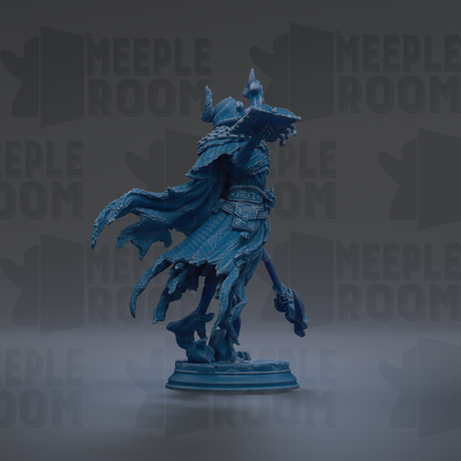 A blue, 3D-rendered statue of a figure with flowing robes and a pointed hat, standing on a pedestal against a dark background with repeated text.