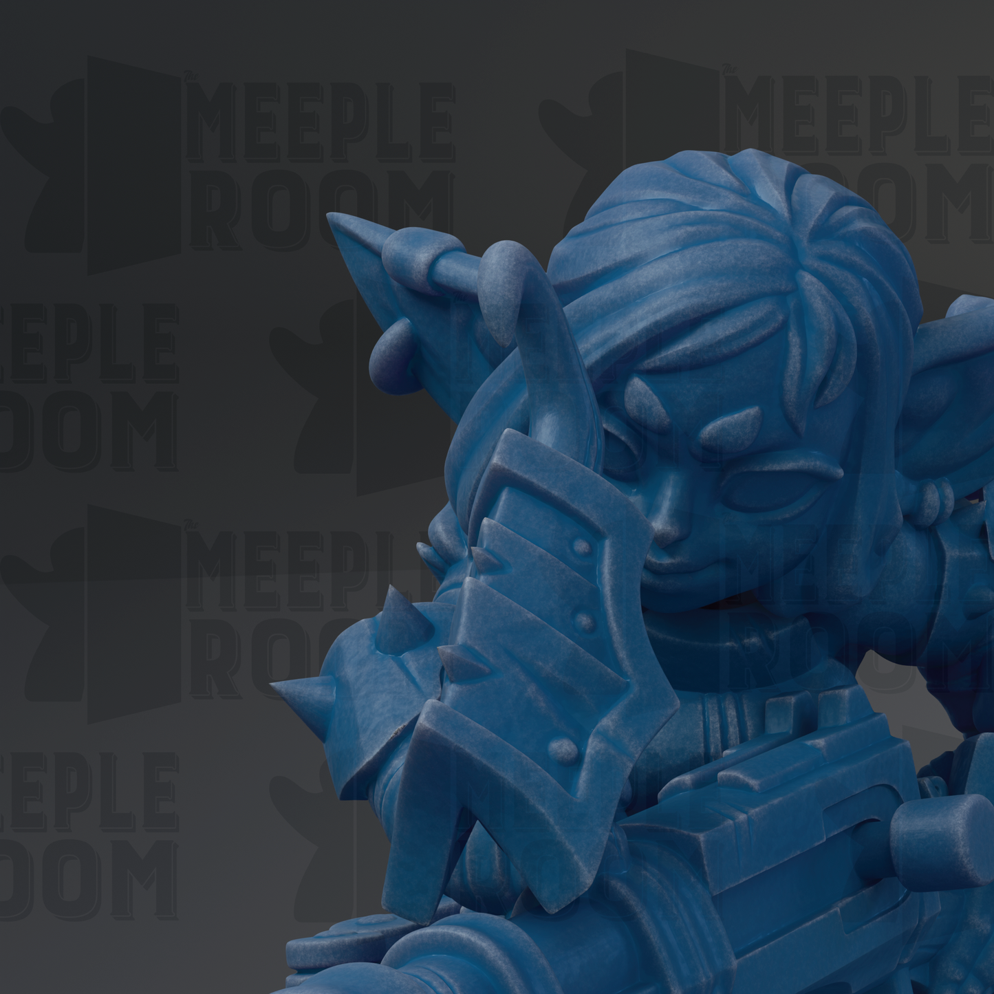 A close-up view of a blue, 3D-rendered character with a pointed head and a sword-like weapon.